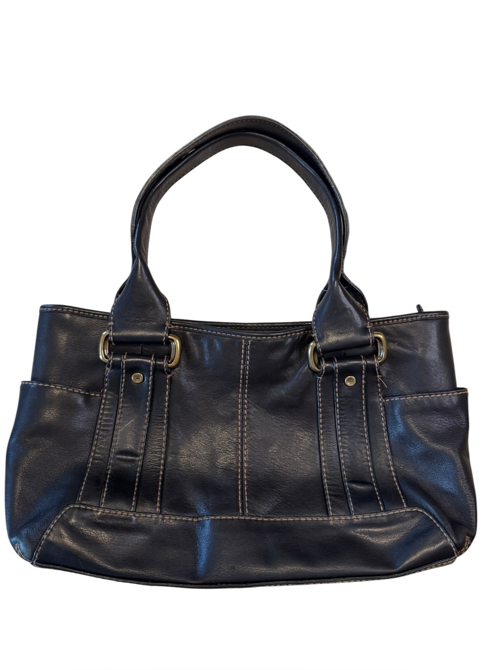 VINTAGE 90s Y2K Fossil Black Leather Satchel Shoulder Bag Brass Tone Hardware